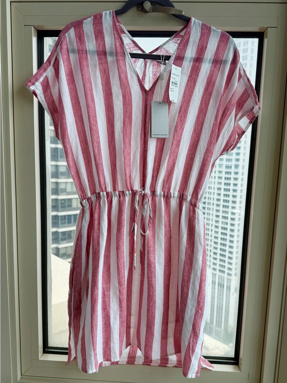 NWT Rails Wren Dress Linen Relaxed Drawstring Short Sleeve Red/White Stripes - M